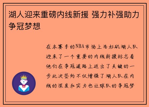 湖人迎来重磅内线新援 强力补强助力争冠梦想